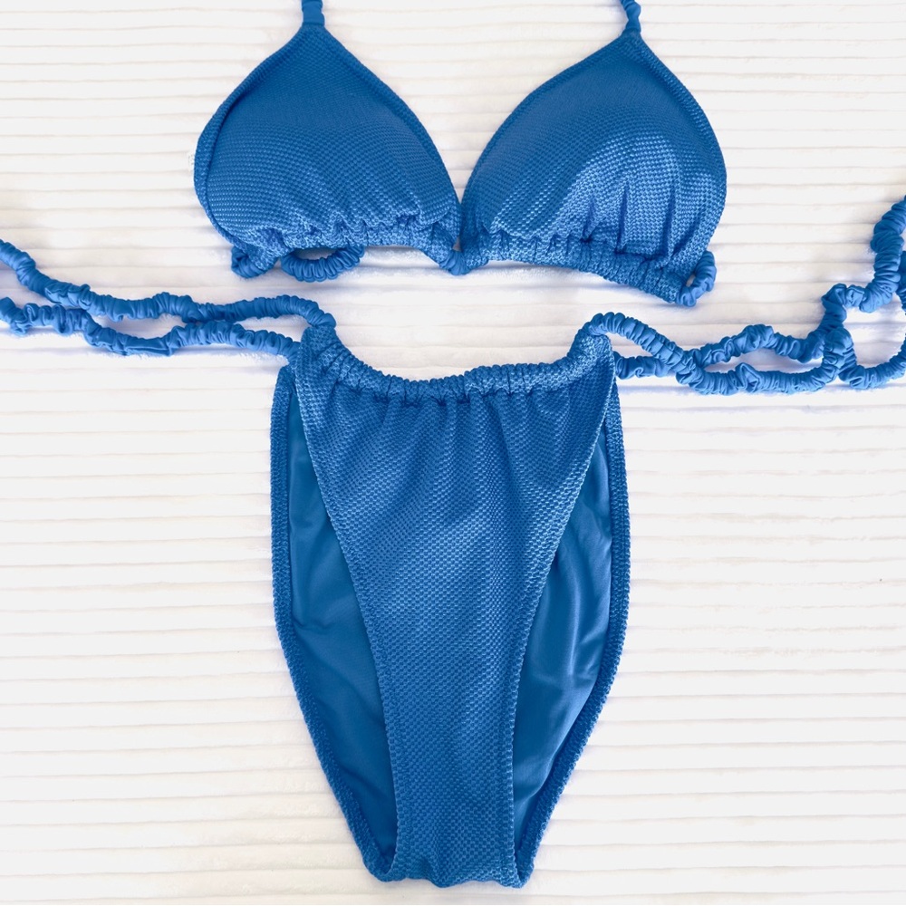 Aerie Scrunch Side Textured Bikini Set - Blue Size Medium